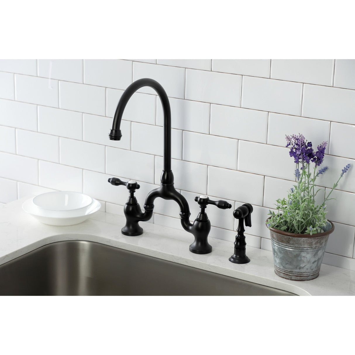 Tudor KS7790TALBS Deck Mount Bridge Kitchen Faucet, Matte Black