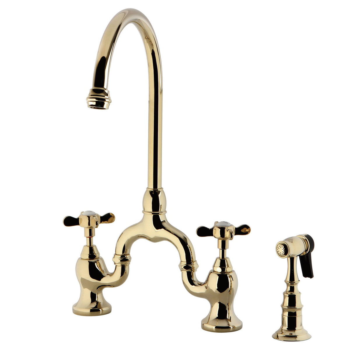 Essex KS7792BEXBS Two-Handle 3-Hole Deck Mount Bridge Kitchen Faucet with Brass Sprayer, Polished Brass