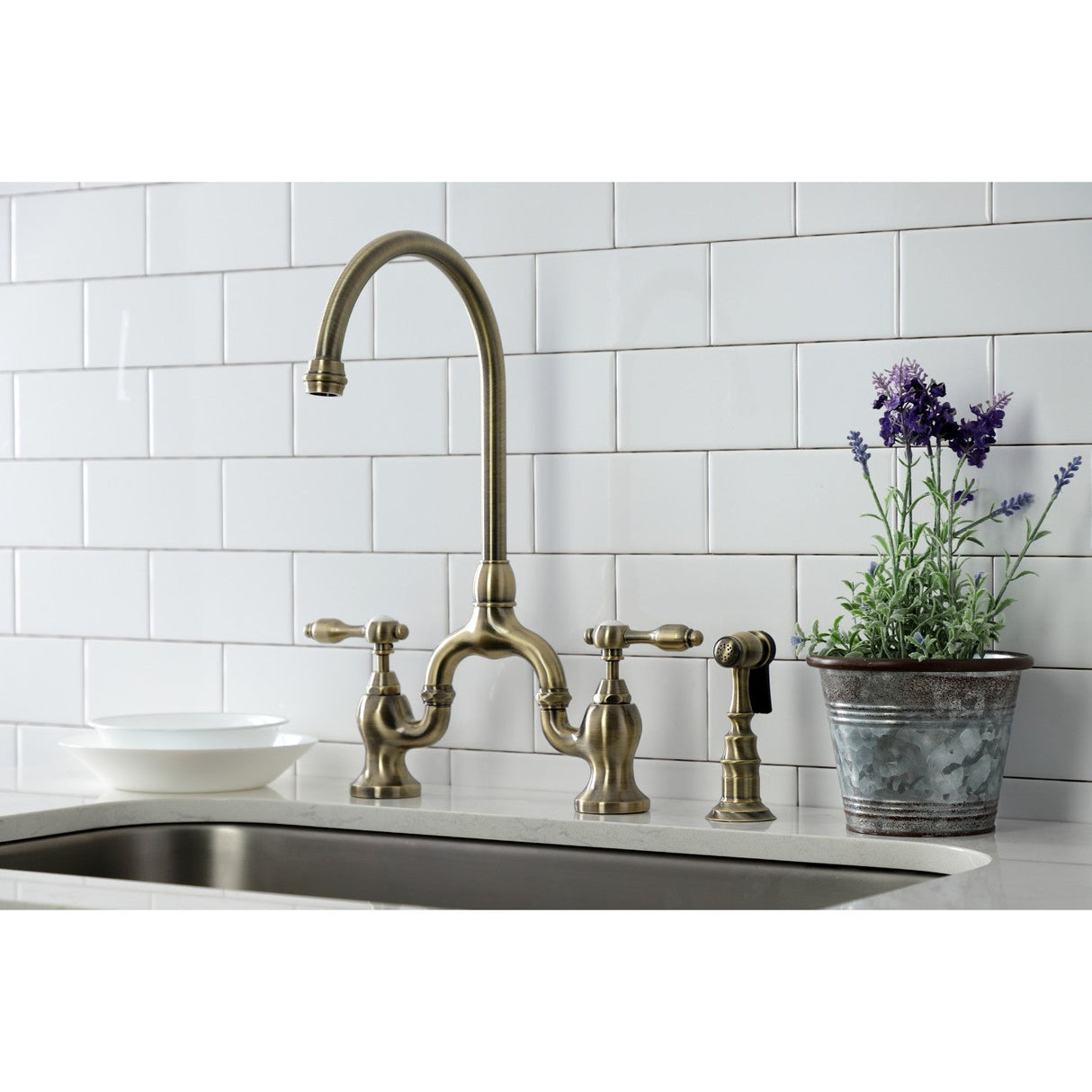 Tudor KS7793TALBS Deck Mount Bridge Kitchen Faucet, Antique Brass