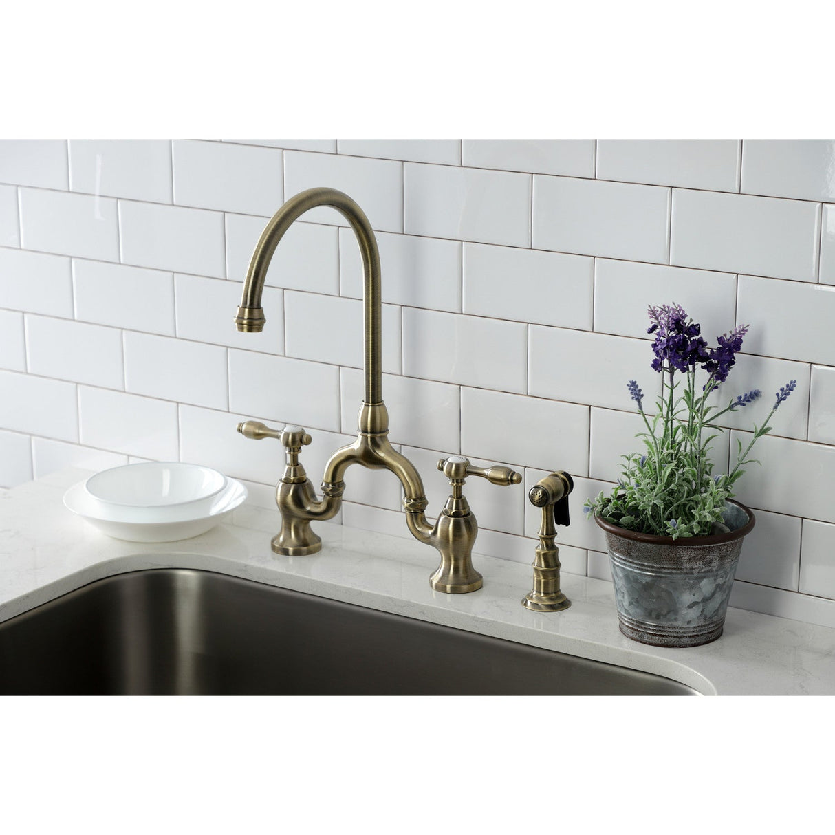 Tudor KS7793TALBS Deck Mount Bridge Kitchen Faucet, Antique Brass