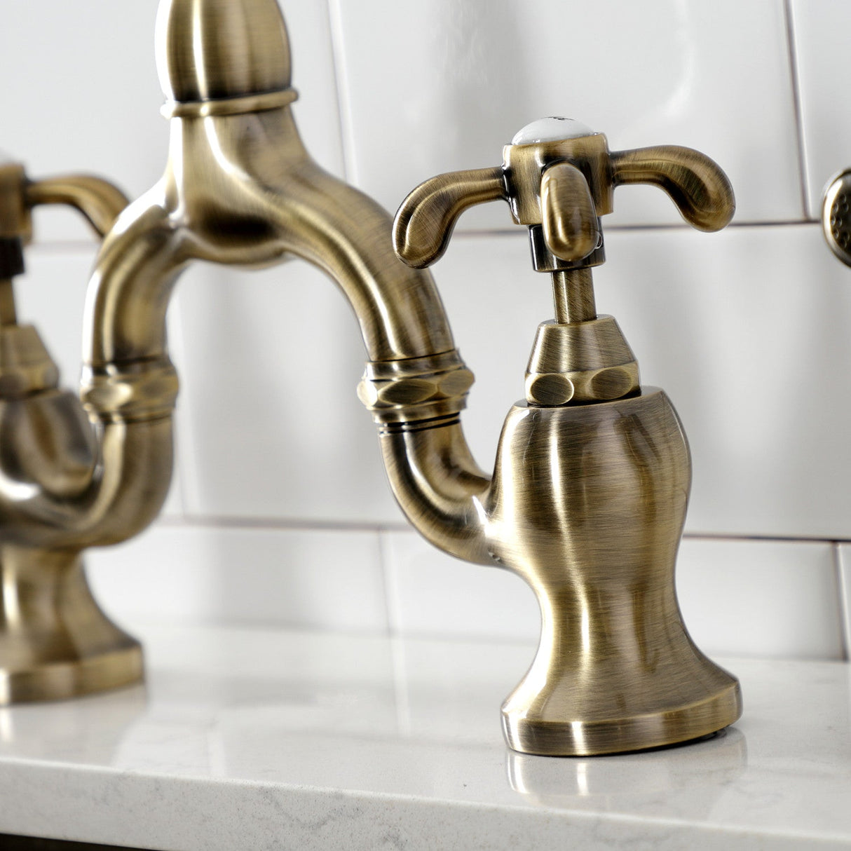 French Country KS7793TXBS Two-Handle 3-Hole Deck Mount Bridge Kitchen Faucet with Brass Sprayer, Antique Brass