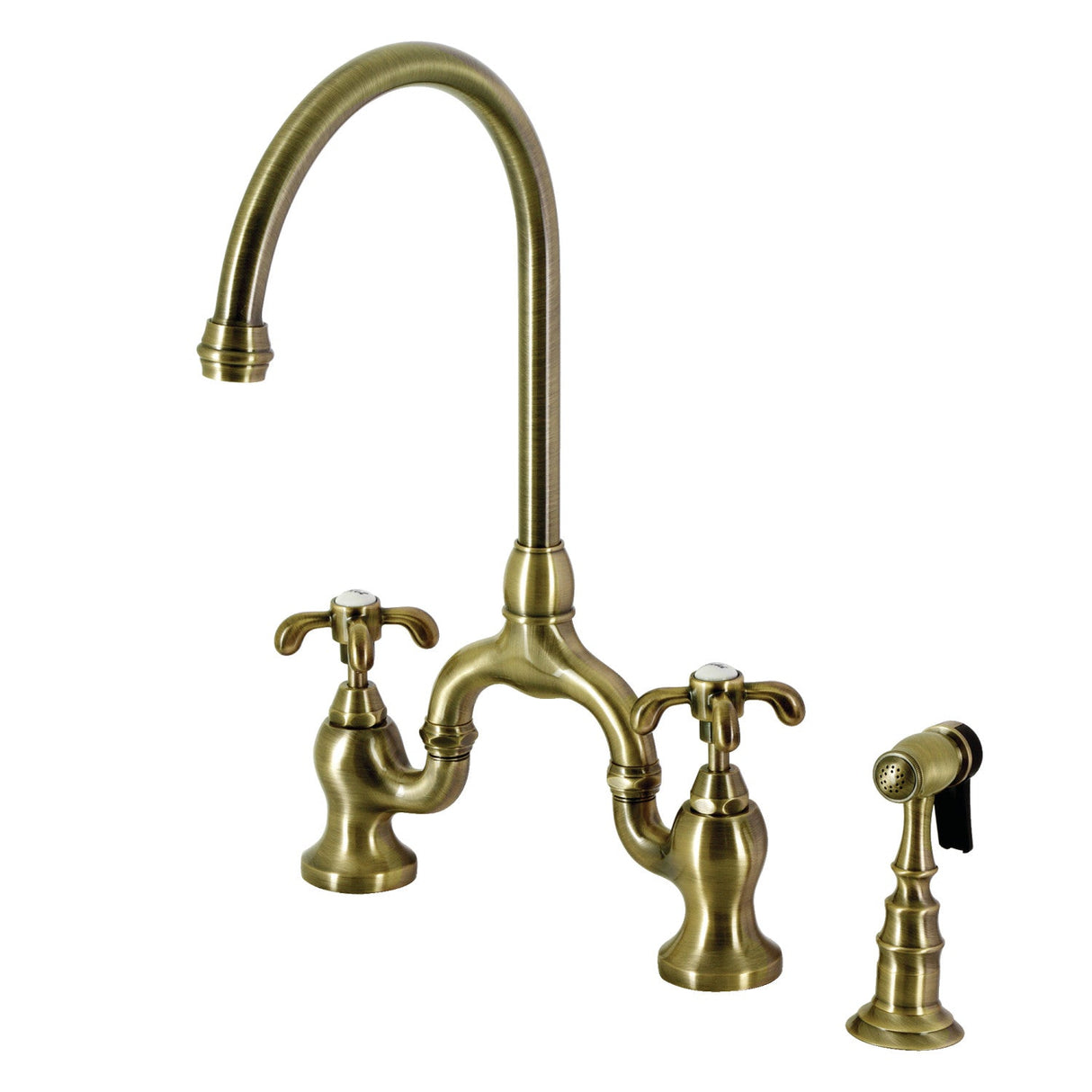 French Country KS7793TXBS Two-Handle 3-Hole Deck Mount Bridge Kitchen Faucet with Brass Sprayer, Antique Brass
