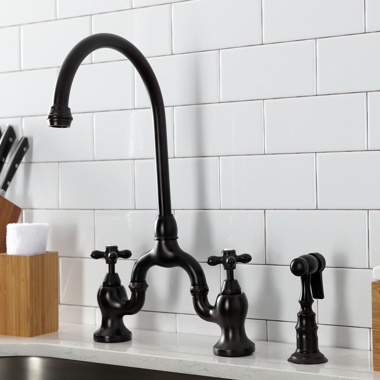 English Country KS7795AXBS Two-Handle 3-Hole Deck Mount Bridge Kitchen Faucet with Brass Sprayer, Oil Rubbed Bronze