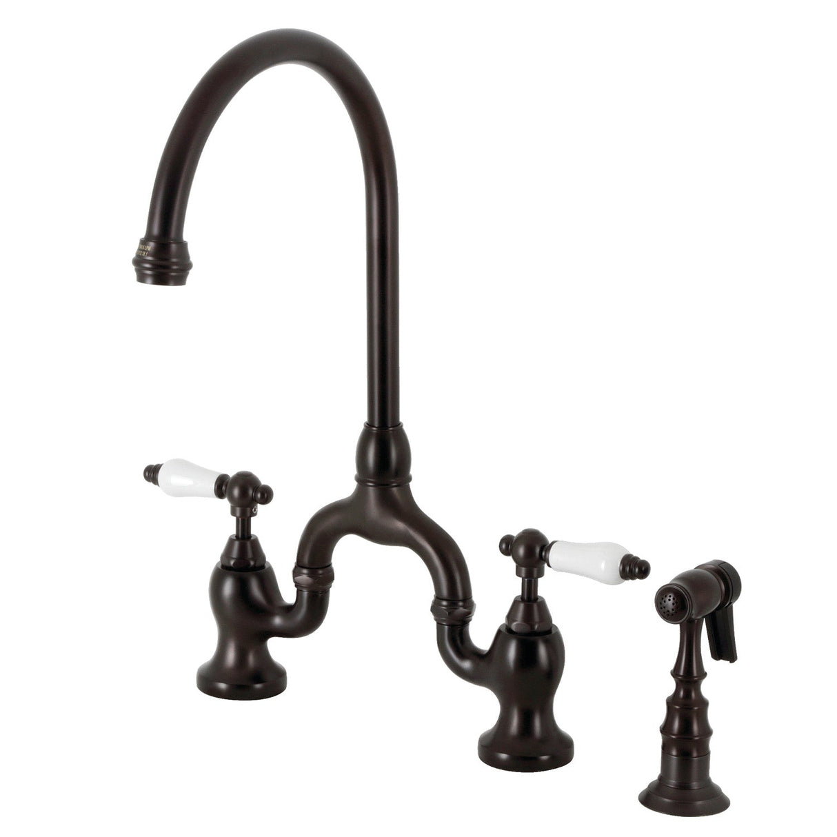 English Country KS7795PLBS Two-Handle 3-Hole Deck Mount Bridge Kitchen Faucet with Brass Sprayer, Oil Rubbed Bronze