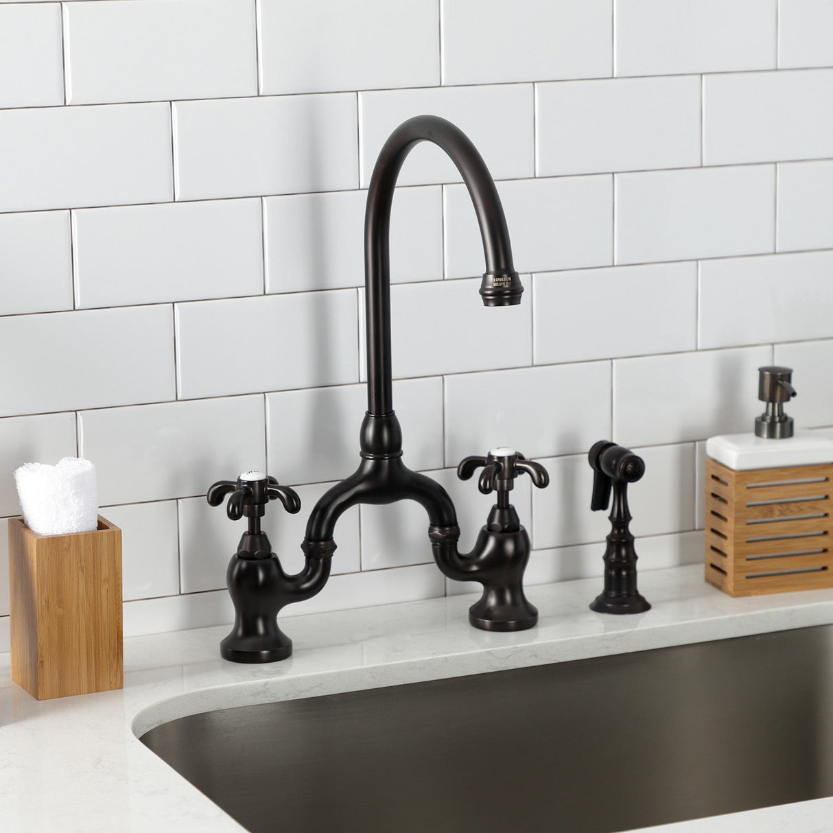 French Country KS7795TXBS Two-Handle 3-Hole Deck Mount Bridge Kitchen Faucet with Brass Sprayer, Oil Rubbed Bronze
