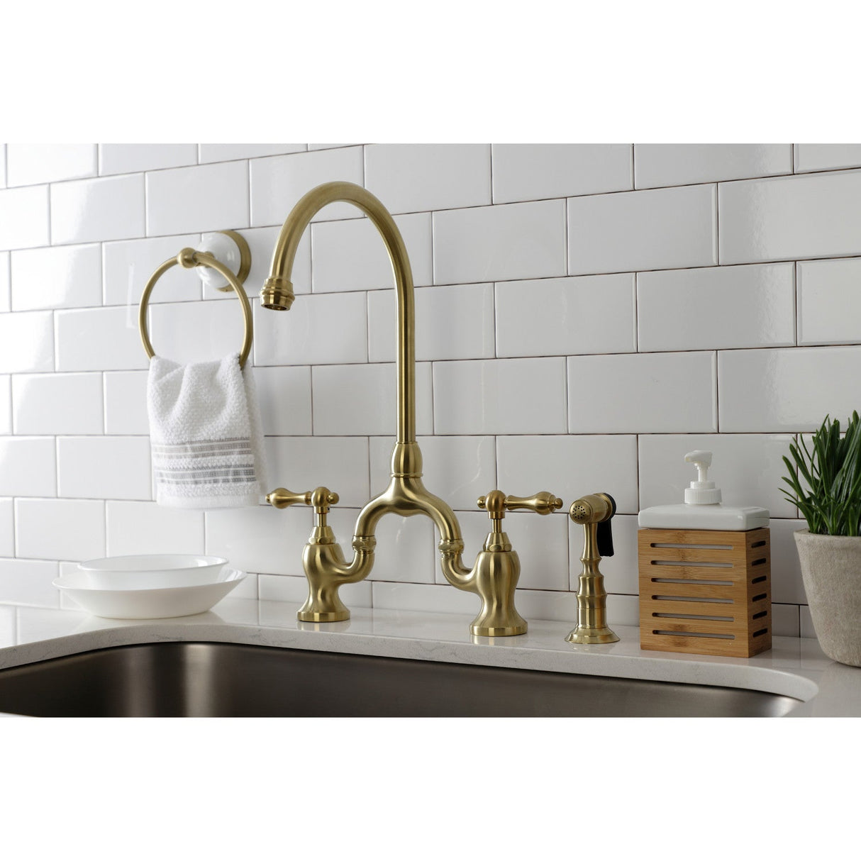 English Country KS7797ALBS Deck Mount Bridge Kitchen Faucet with Brass Sprayer, Brushed Brass