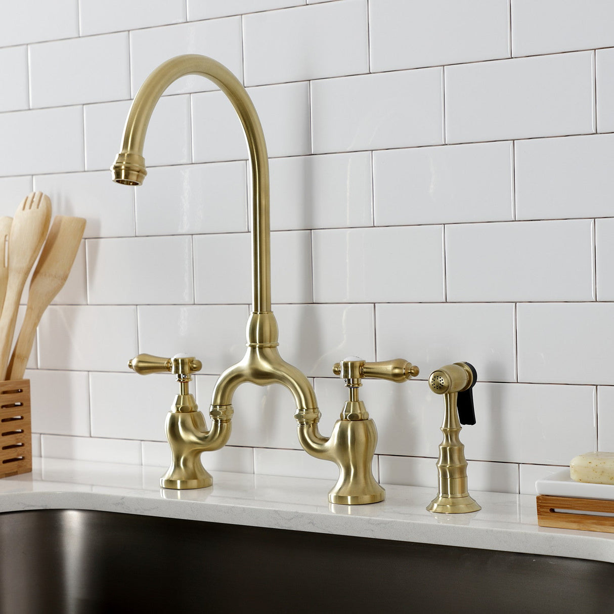 Heirloom KS7797BALBS Two-Handle 3-Hole Deck Mount Bridge Kitchen Faucet with Brass Sprayer, Brushed Brass