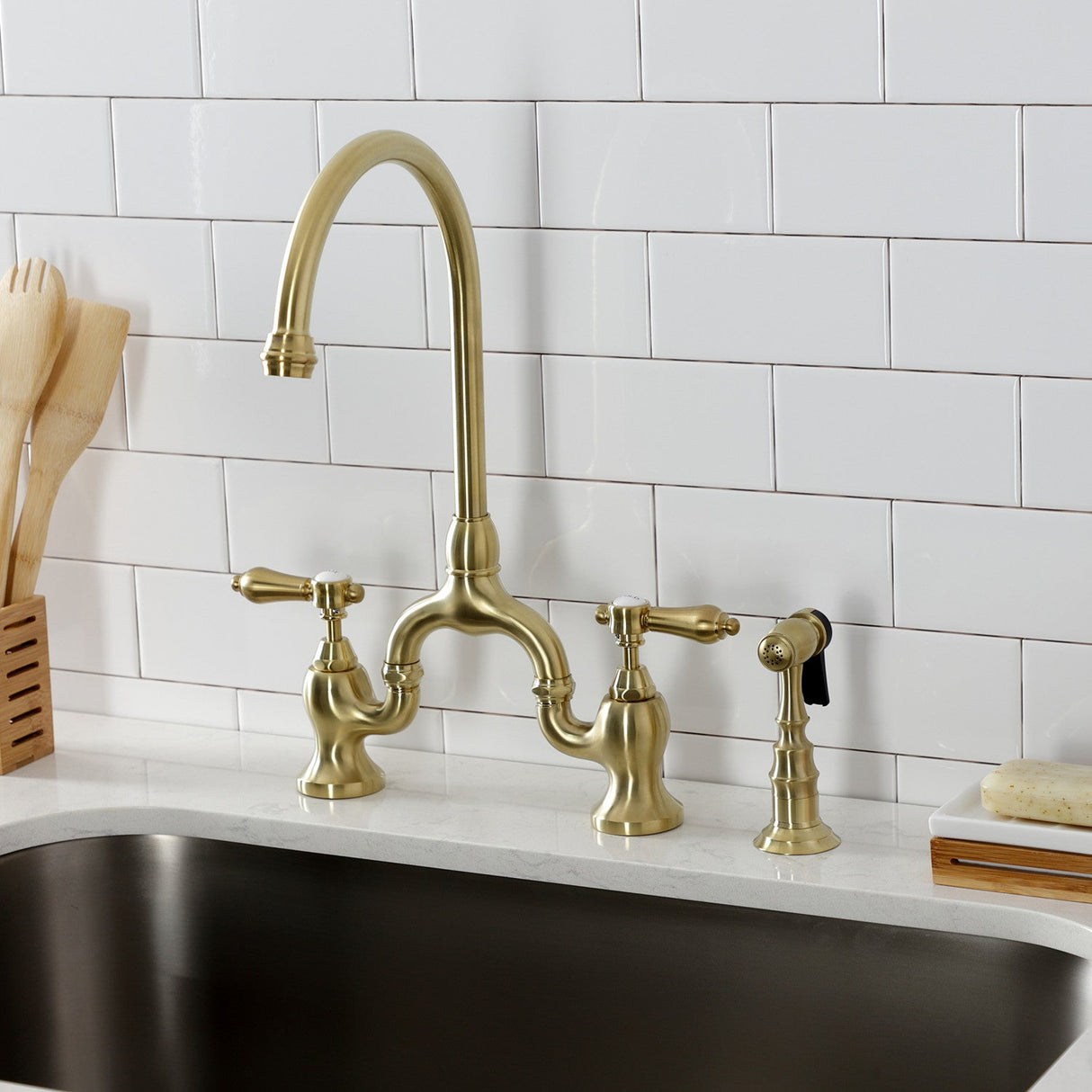 Heirloom KS7797BALBS Two-Handle 3-Hole Deck Mount Bridge Kitchen Faucet with Brass Sprayer, Brushed Brass