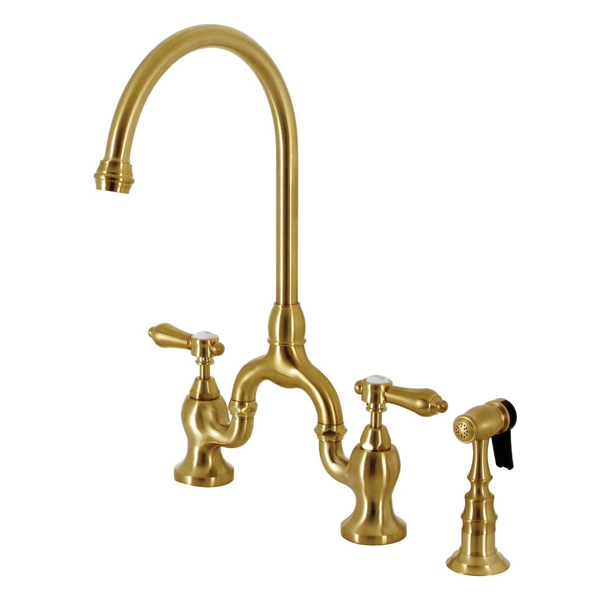 Heirloom KS7797BALBS Two-Handle 3-Hole Deck Mount Bridge Kitchen Faucet with Brass Sprayer, Brushed Brass