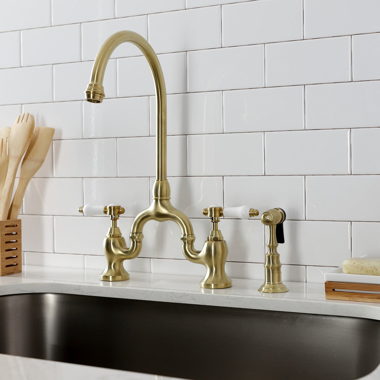 Bel-Air KS7797BPLBS Two-Handle 3-Hole Deck Mount Bridge Kitchen Faucet with Brass Sprayer, Brushed Brass