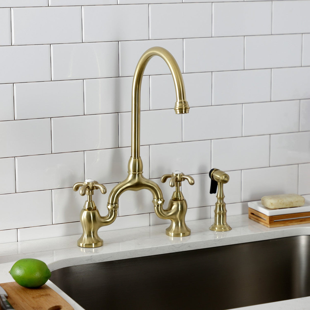 French Country KS7797TXBS Two-Handle 3-Hole Deck Mount Bridge Kitchen Faucet with Brass Sprayer, Brushed Brass