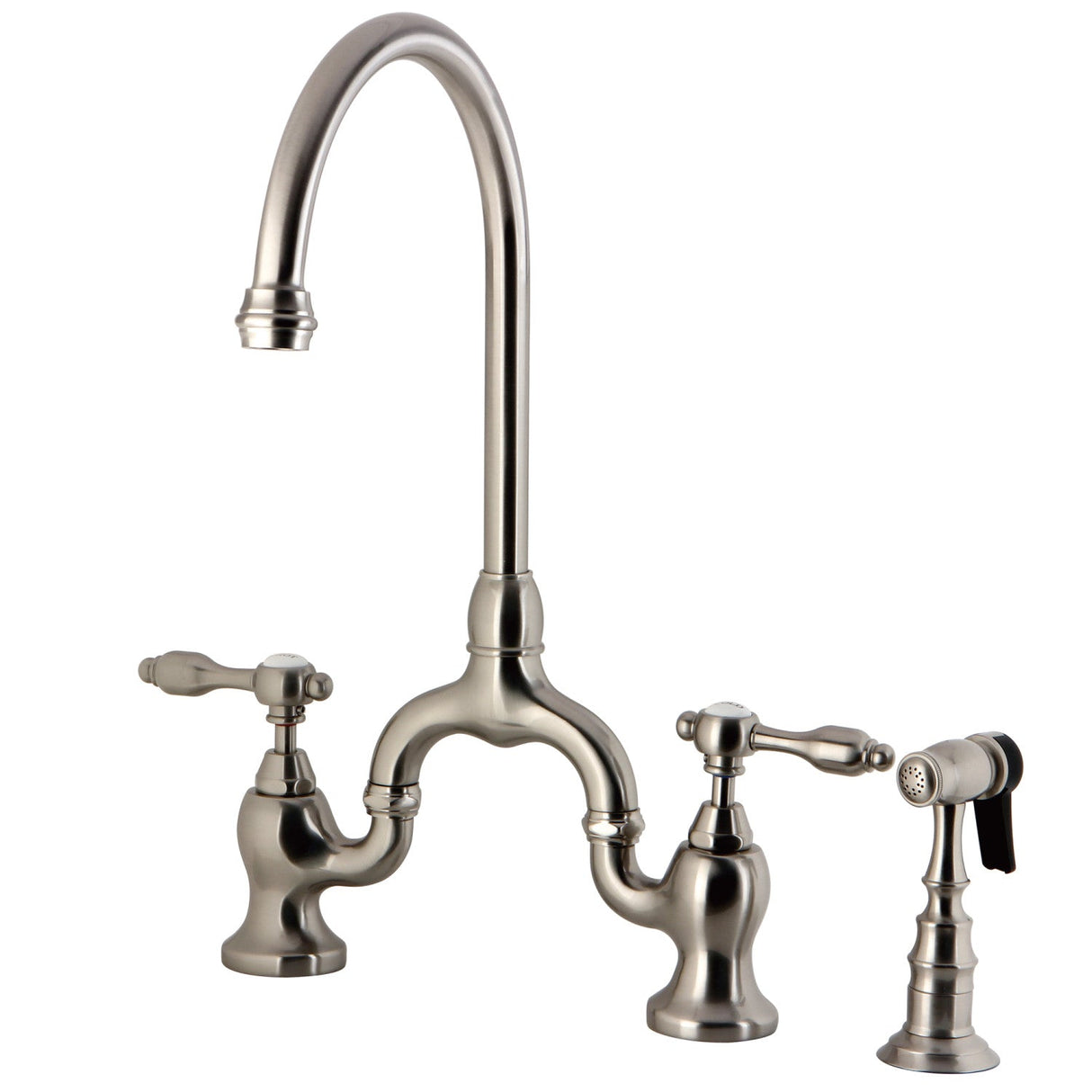 Tudor KS7798TALBS Two-Handle 3-Hole Deck Mount Bridge Kitchen Faucet with Brass Sprayer, Brushed Nickel