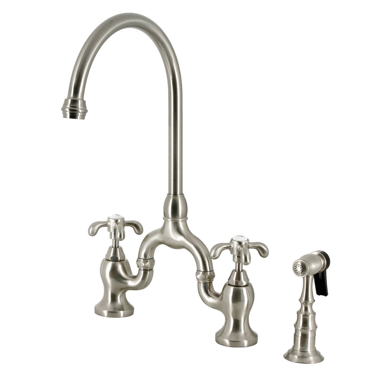 French Country KS7798TXBS Two-Handle 3-Hole Deck Mount Bridge Kitchen Faucet with Brass Sprayer, Brushed Nickel
