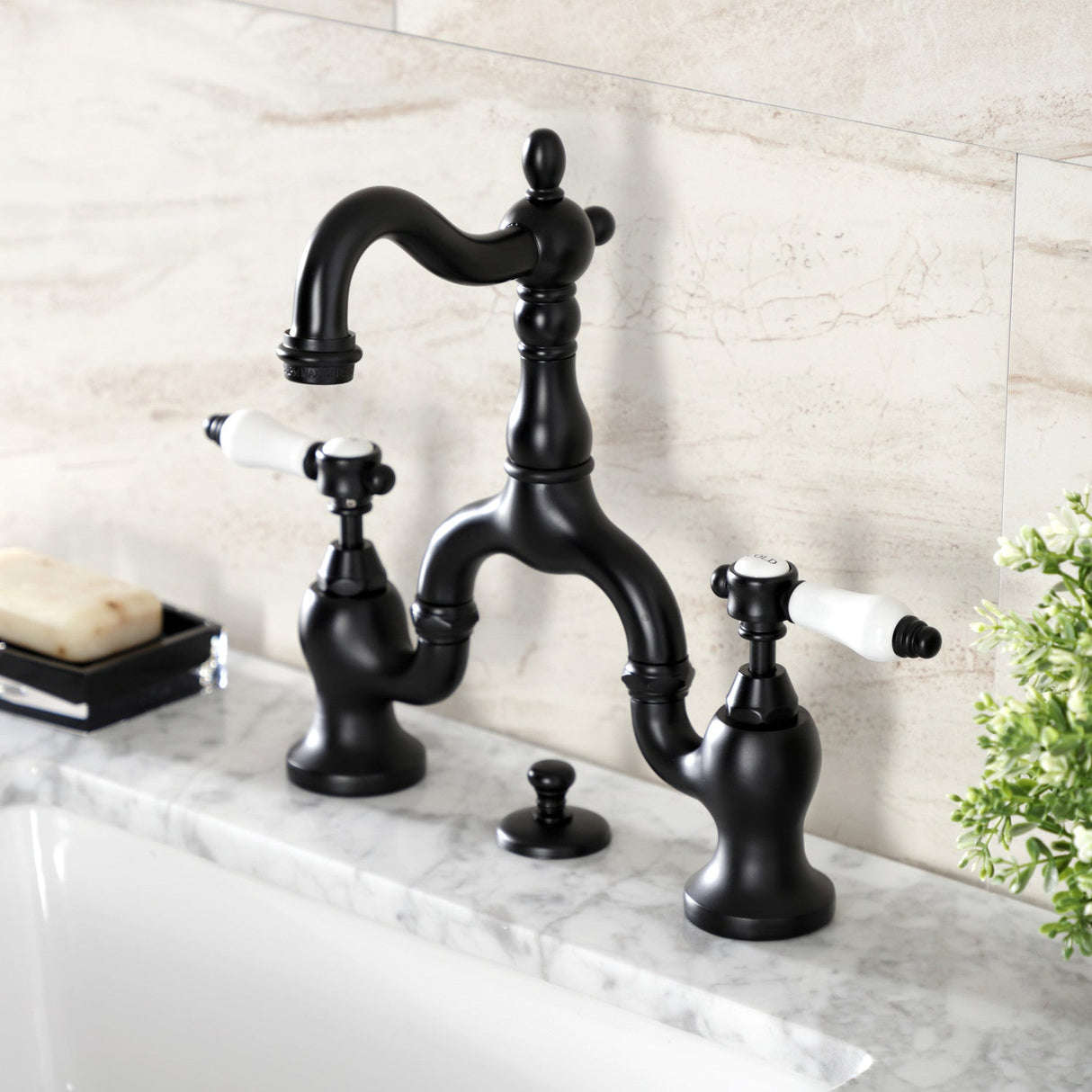Bel-Air KS7970BPL Two-Handle 3-Hole Deck Mount Bridge Bathroom Faucet with Brass Pop-Up, Matte Black