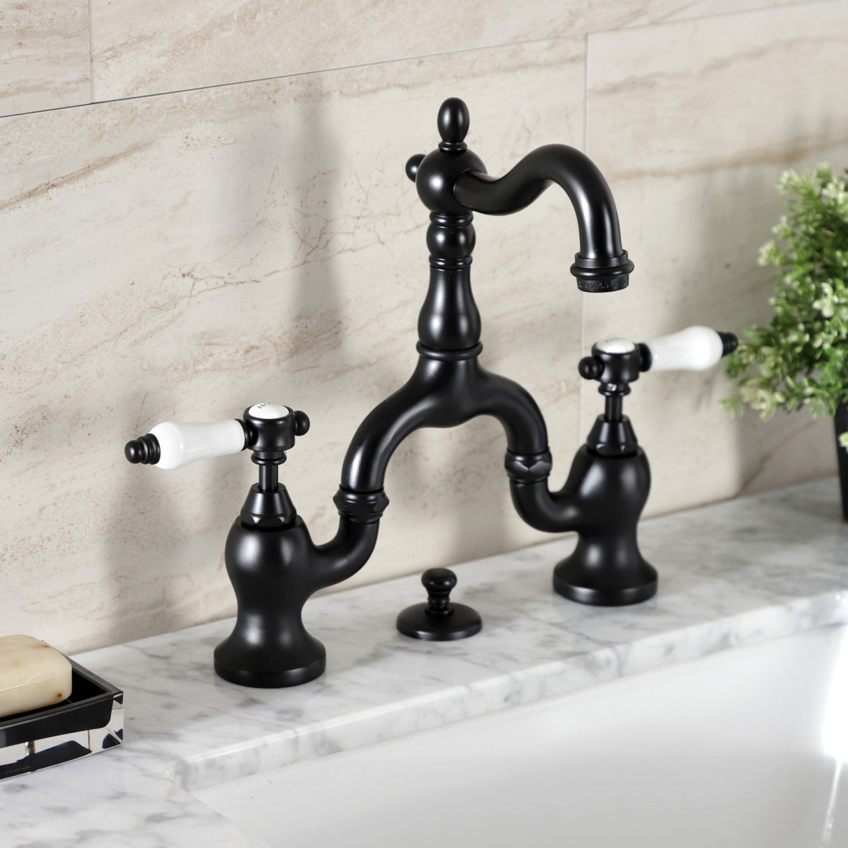 Bel-Air KS7970BPL Two-Handle 3-Hole Deck Mount Bridge Bathroom Faucet with Brass Pop-Up, Matte Black