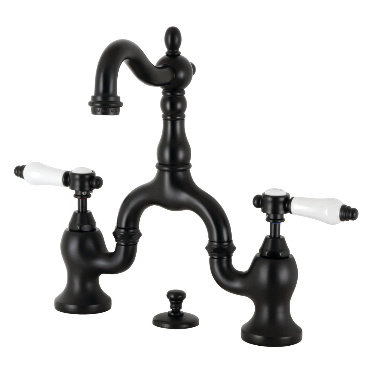 Bel-Air KS7970BPL Two-Handle 3-Hole Deck Mount Bridge Bathroom Faucet with Brass Pop-Up, Matte Black