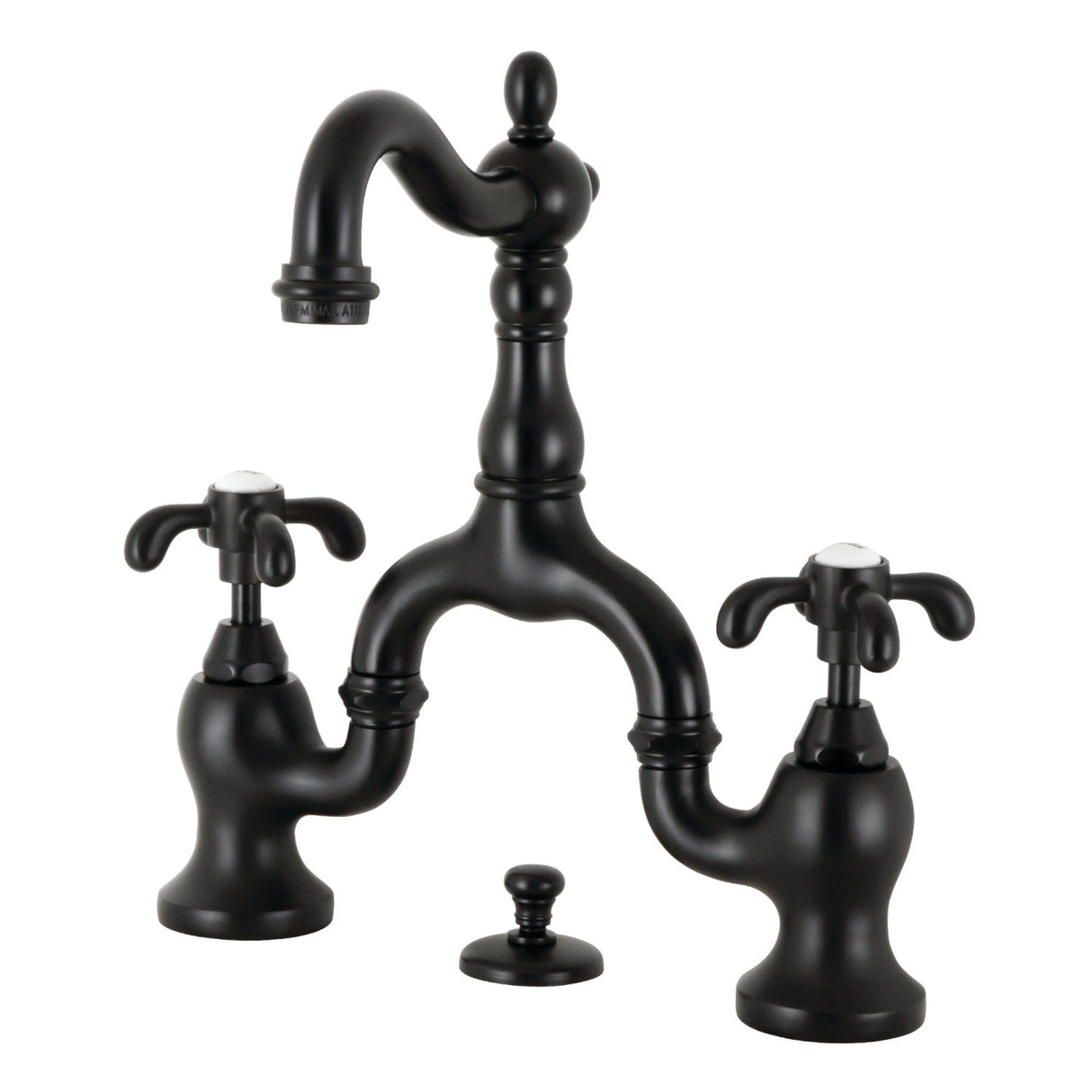 French Country KS7970TX Two-Handle 3-Hole Deck Mount Bridge Bathroom Faucet with Brass Pop-Up, Matte Black