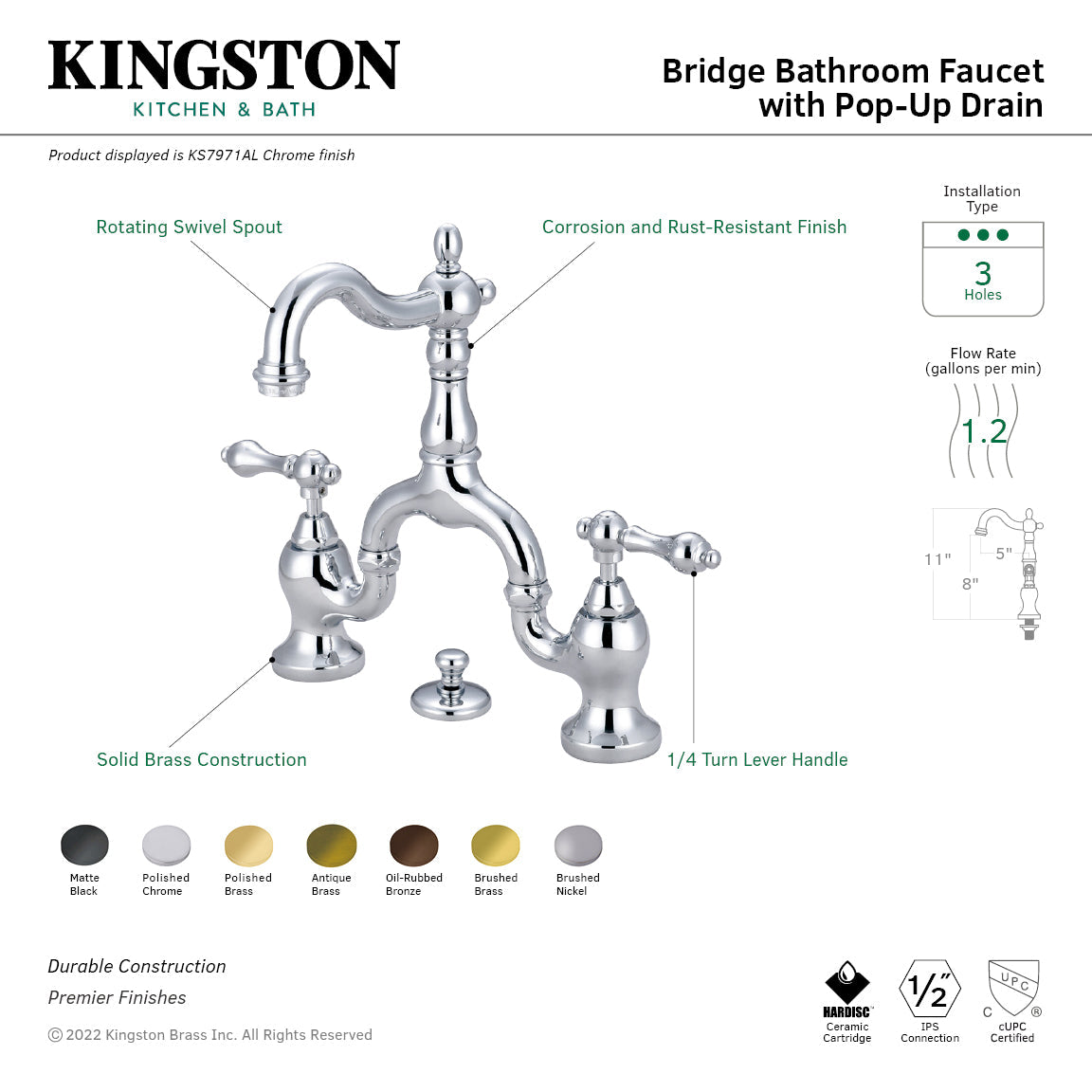 English Country KS7971AL Two-Handle 3-Hole Deck Mount Bridge Bathroom Faucet with Brass Pop-Up, Polished Chrome