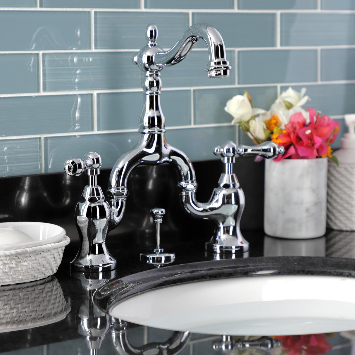 English Country KS7971AL Two-Handle 3-Hole Deck Mount Bridge Bathroom Faucet with Brass Pop-Up, Polished Chrome