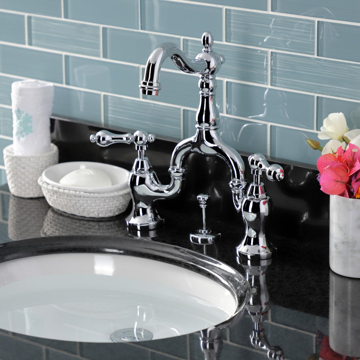 English Country KS7971AL Two-Handle 3-Hole Deck Mount Bridge Bathroom Faucet with Brass Pop-Up, Polished Chrome