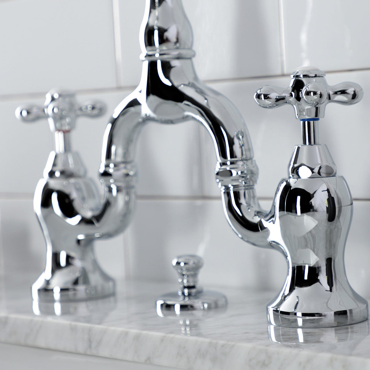 English Country KS7971AX Two-Handle 3-Hole Deck Mount Bridge Bathroom Faucet with Brass Pop-Up, Polished Chrome