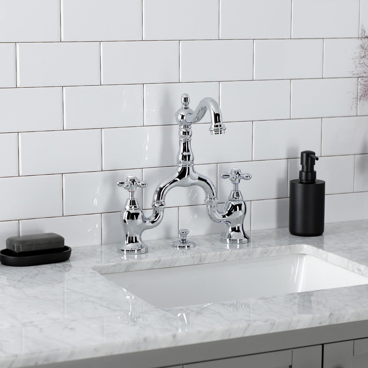 English Country KS7971AX Two-Handle 3-Hole Deck Mount Bridge Bathroom Faucet with Brass Pop-Up, Polished Chrome