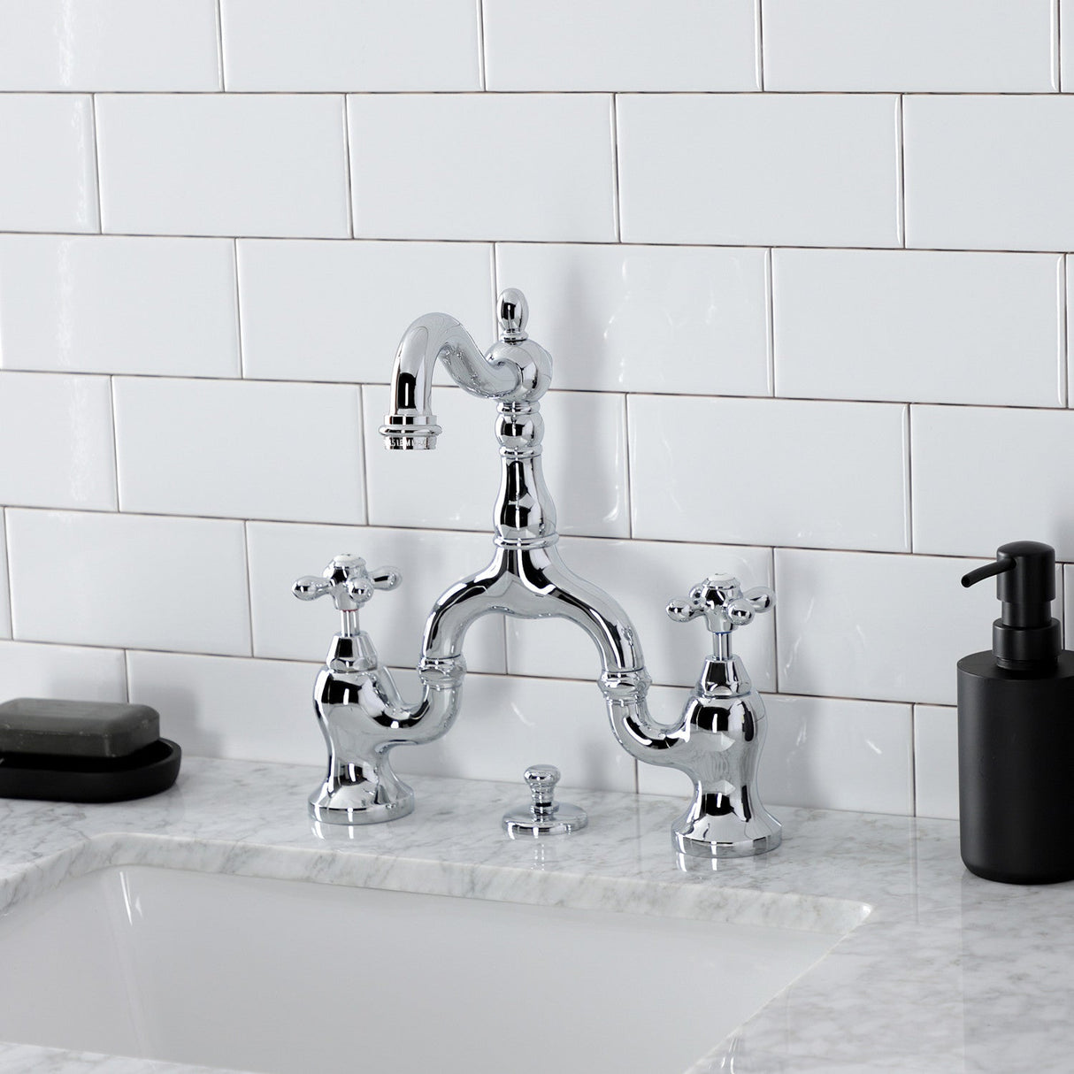 English Country KS7971AX Two-Handle 3-Hole Deck Mount Bridge Bathroom Faucet with Brass Pop-Up, Polished Chrome