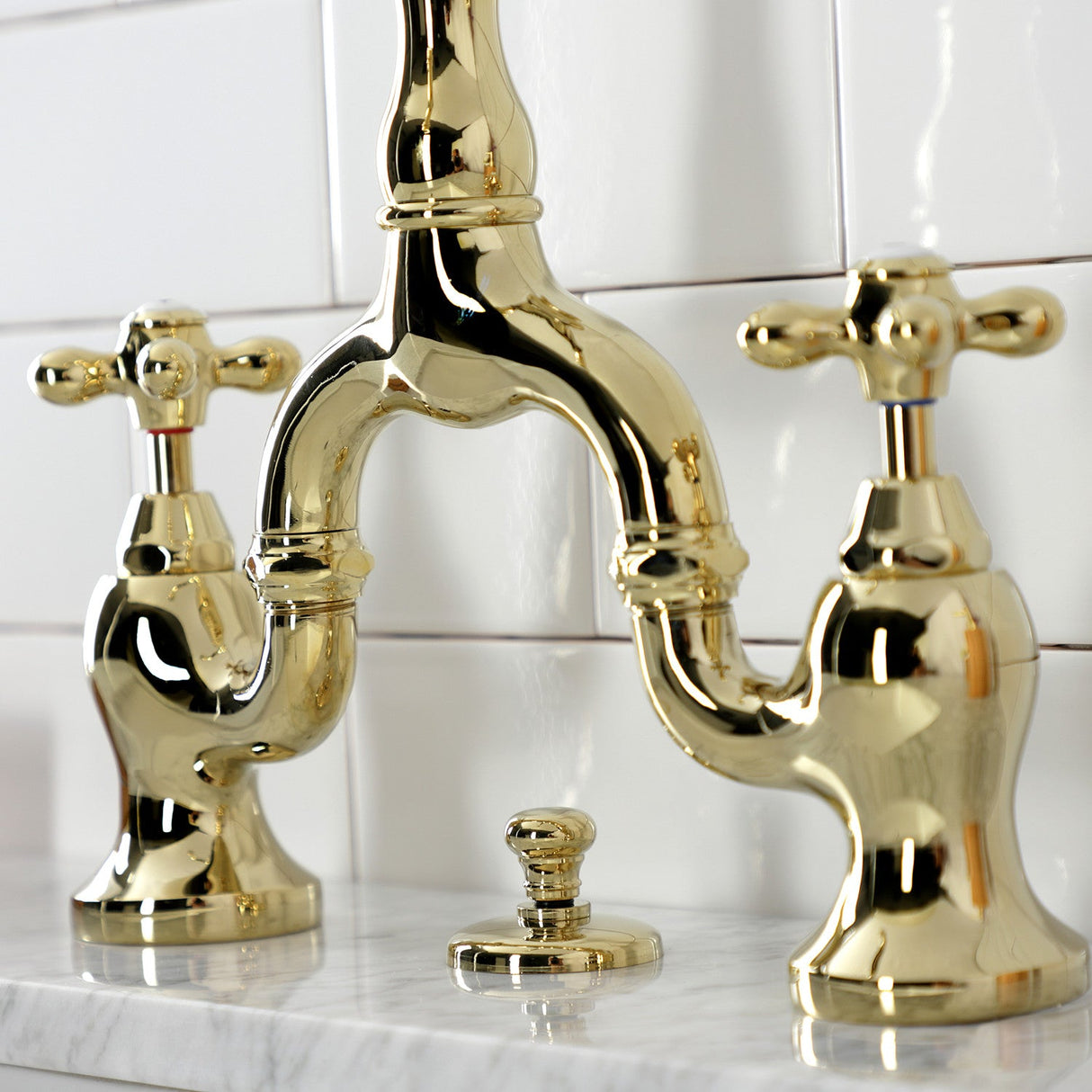 English Country KS7972AX Two-Handle 3-Hole Deck Mount Bridge Bathroom Faucet with Brass Pop-Up, Polished Brass