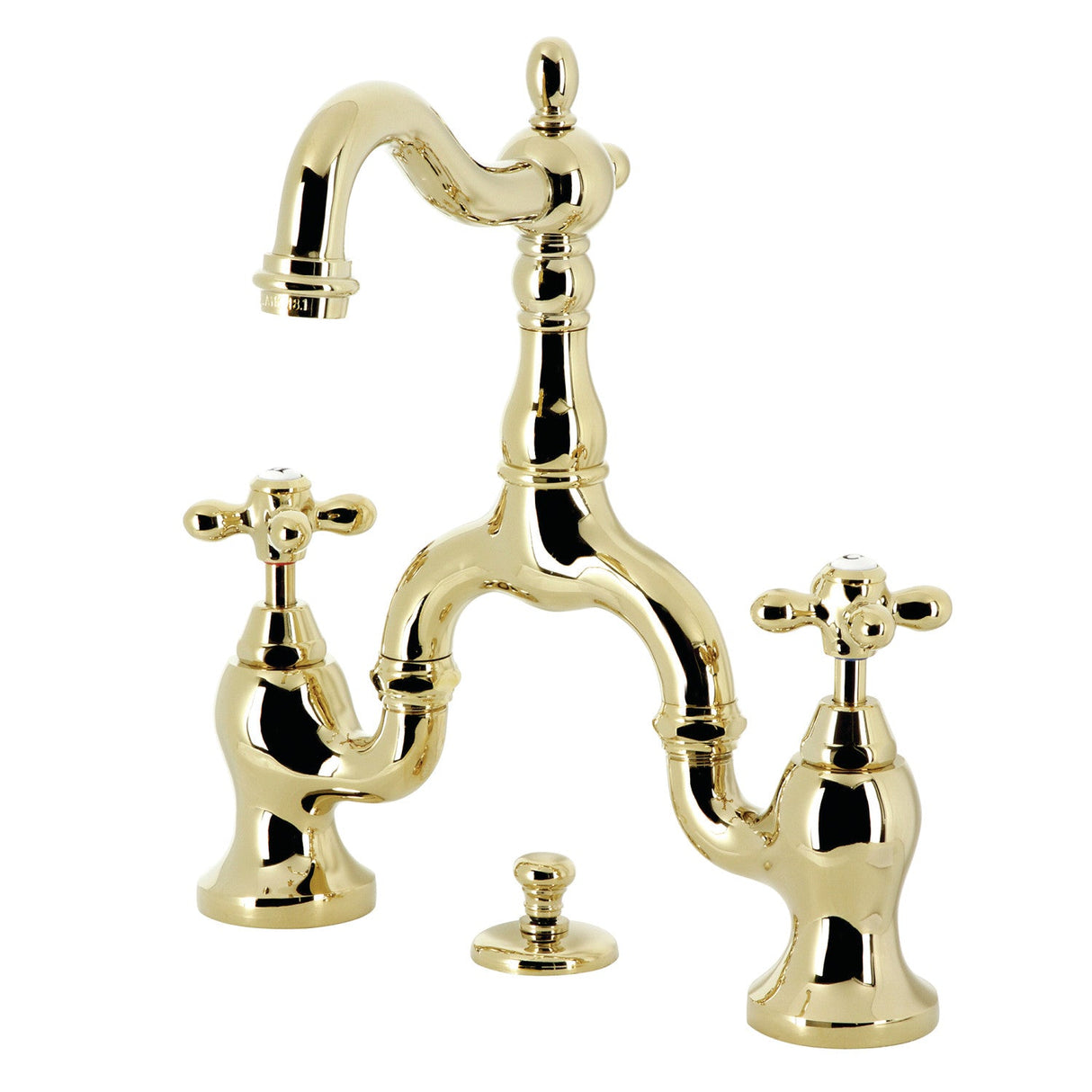 English Country KS7972AX Two-Handle 3-Hole Deck Mount Bridge Bathroom Faucet with Brass Pop-Up, Polished Brass
