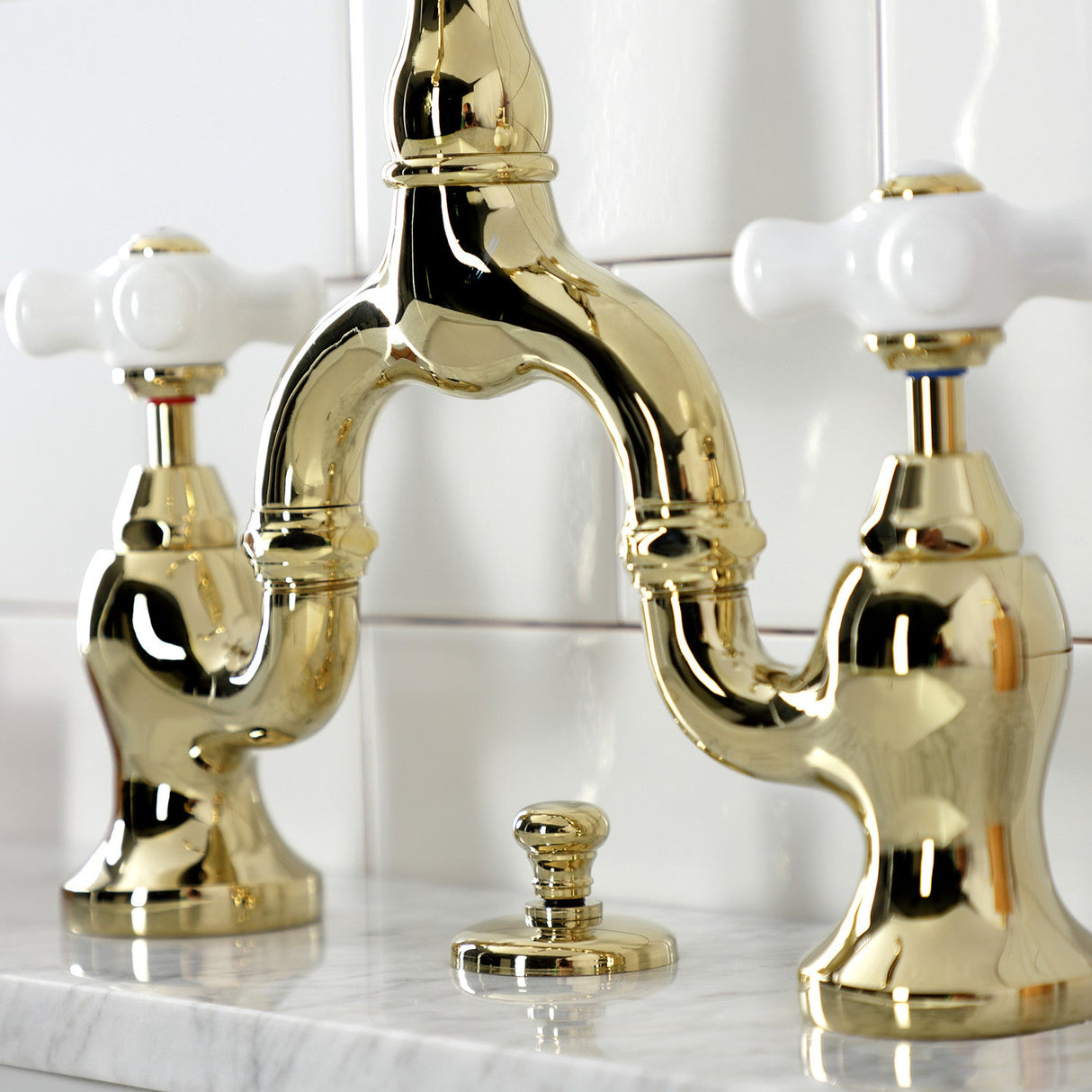 English Country KS7972PX Two-Handle 3-Hole Deck Mount Bridge Bathroom Faucet with Brass Pop-Up, Polished Brass