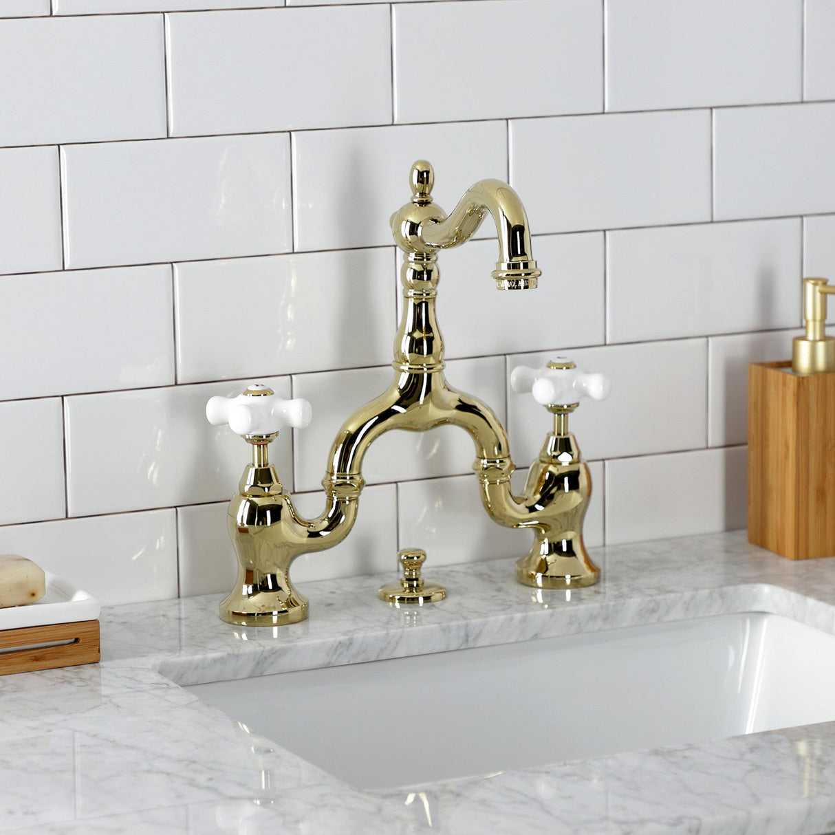 English Country KS7972PX Two-Handle 3-Hole Deck Mount Bridge Bathroom Faucet with Brass Pop-Up, Polished Brass