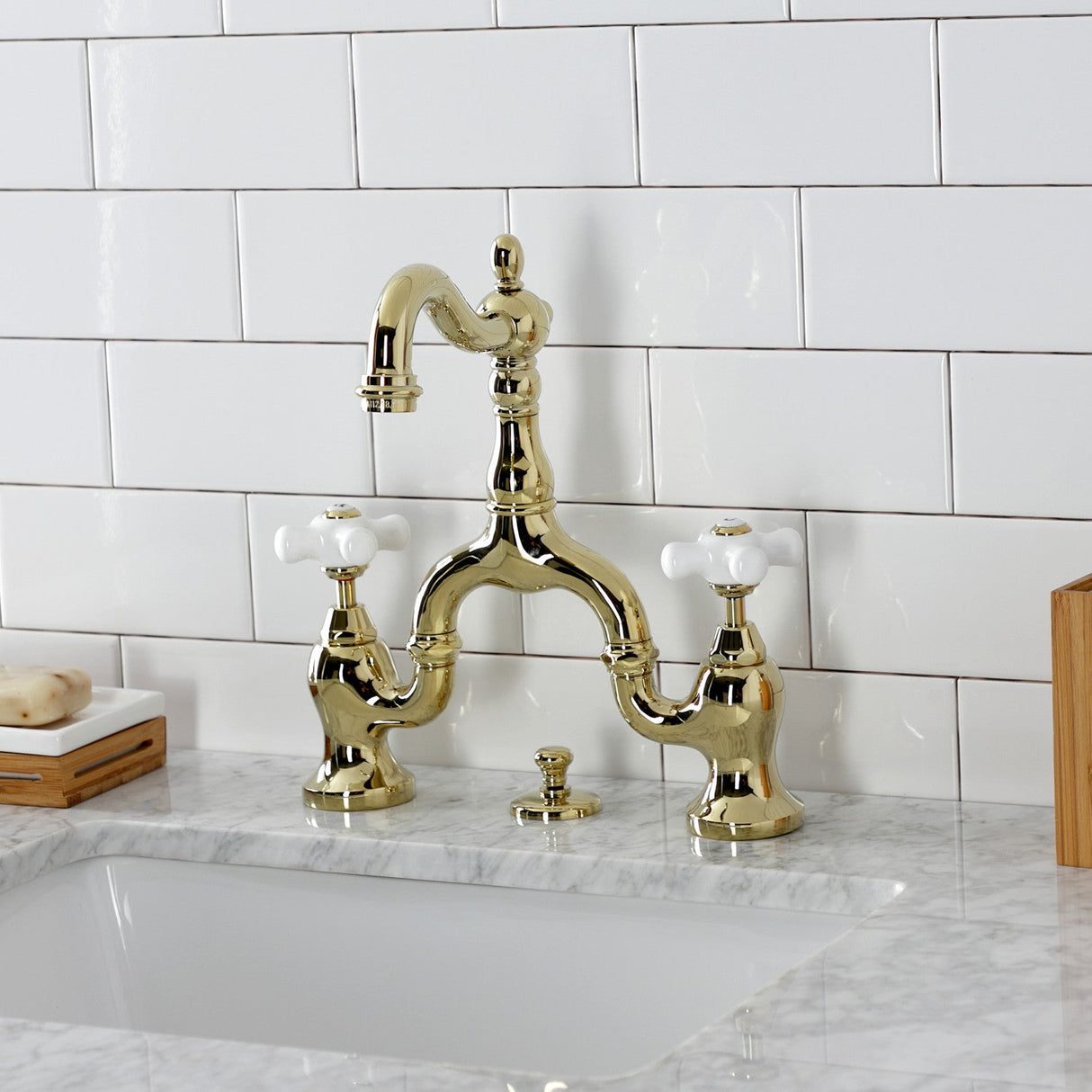 English Country KS7972PX Two-Handle 3-Hole Deck Mount Bridge Bathroom Faucet with Brass Pop-Up, Polished Brass