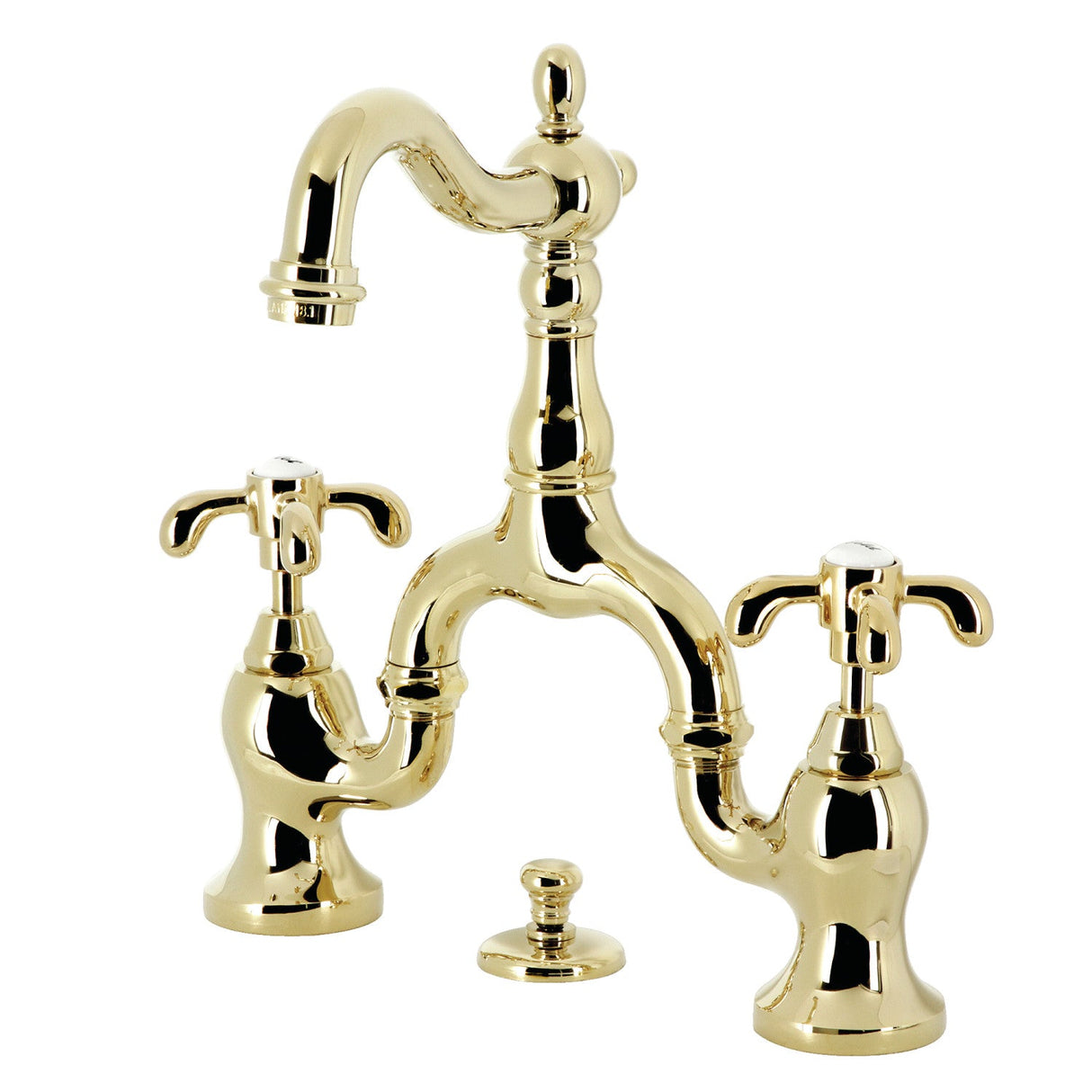 French Country KS7972TX Two-Handle 3-Hole Deck Mount Bridge Bathroom Faucet with Brass Pop-Up, Polished Brass