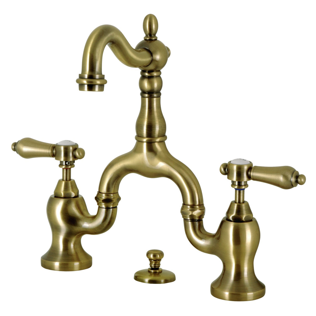 Heirloom KS7973BAL Two-Handle 3-Hole Deck Mount Bridge Bathroom Faucet with Brass Pop-Up, Antique Brass