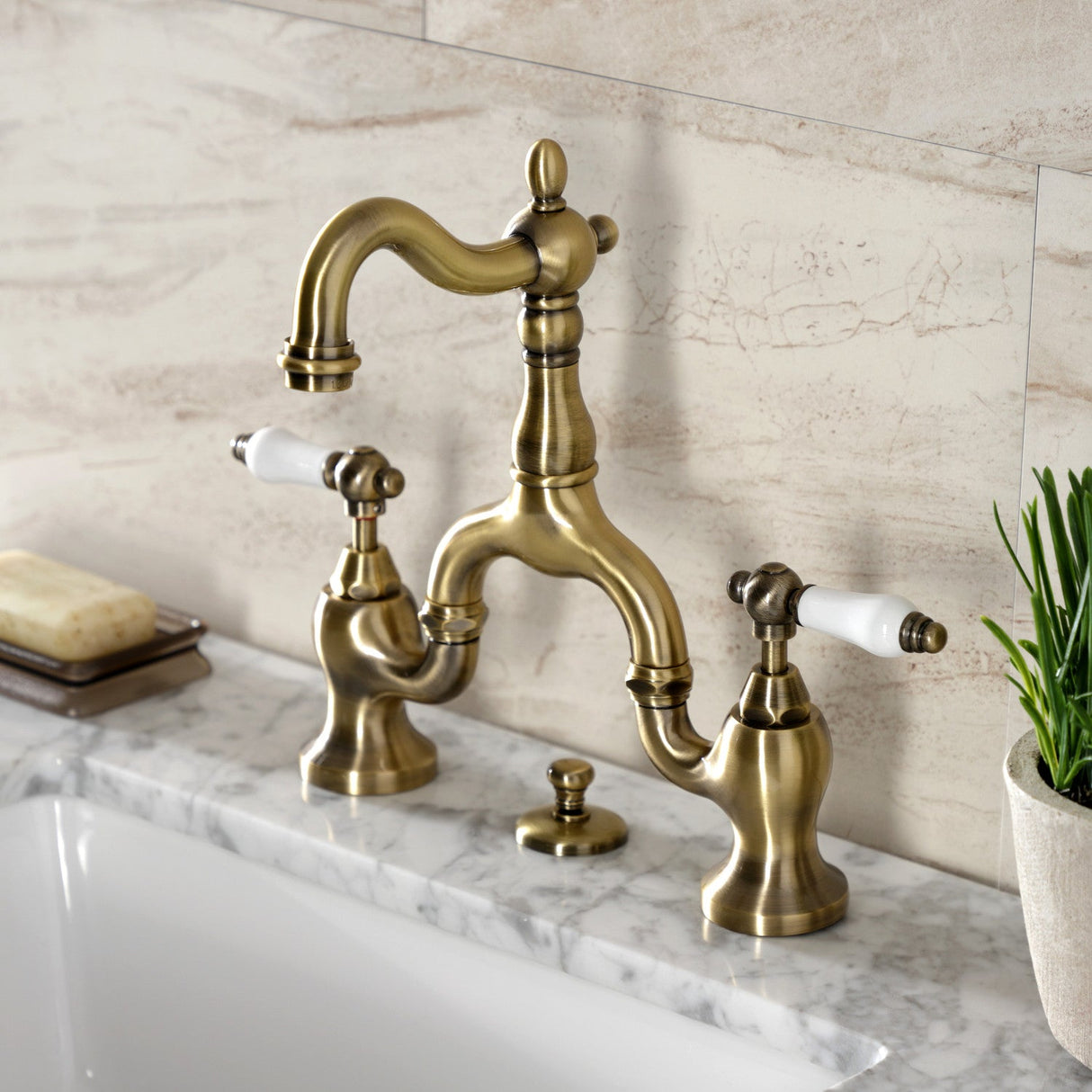 English Country KS7973PL Two-Handle 3-Hole Deck Mount Bridge Bathroom Faucet with Brass Pop-Up, Antique Brass