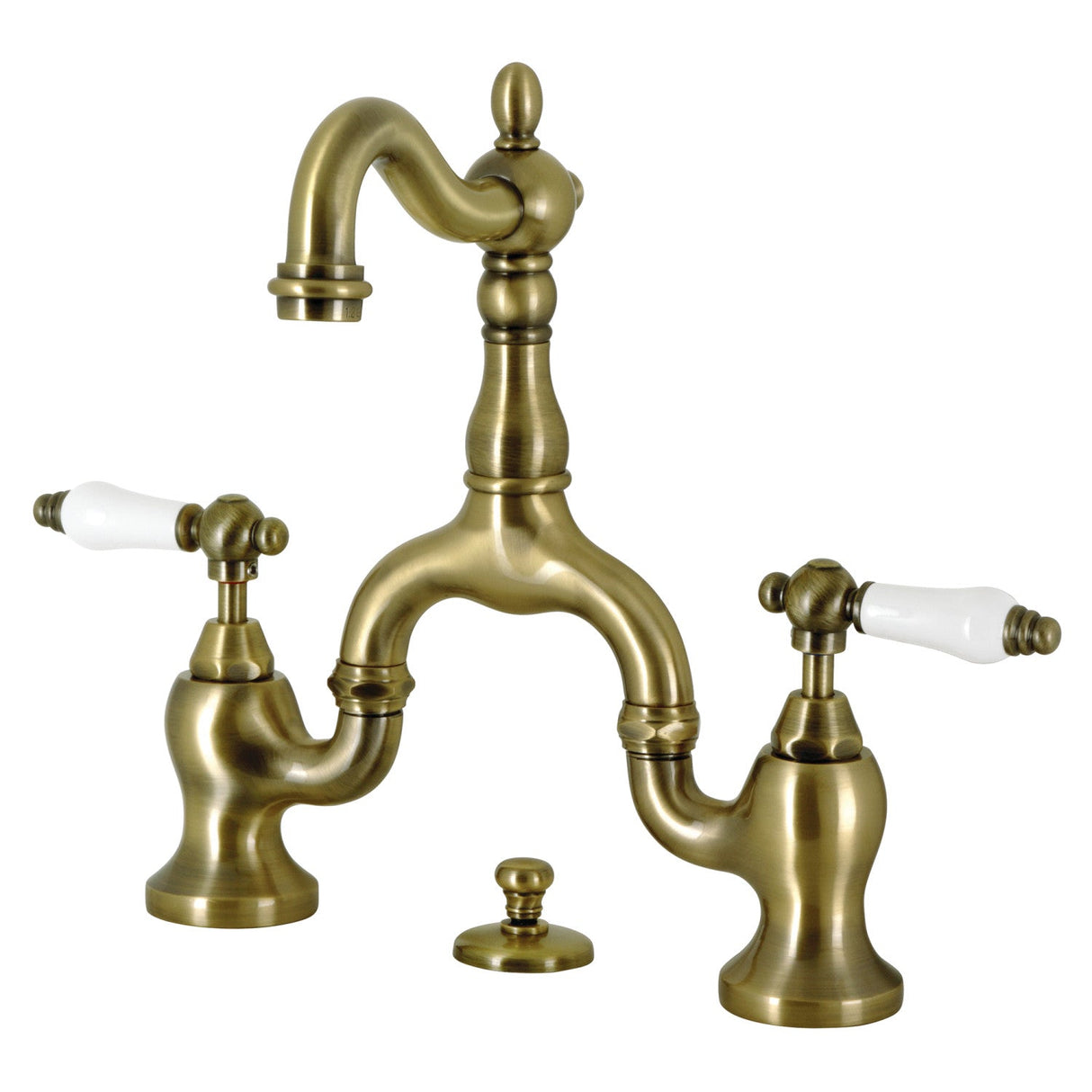English Country KS7973PL Two-Handle 3-Hole Deck Mount Bridge Bathroom Faucet with Brass Pop-Up, Antique Brass