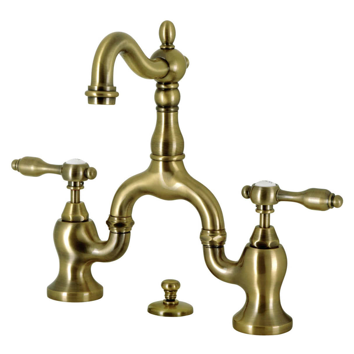 Tudor KS7973TAL Two-Handle 3-Hole Deck Mount Bridge Bathroom Faucet with Brass Pop-Up, Antique Brass