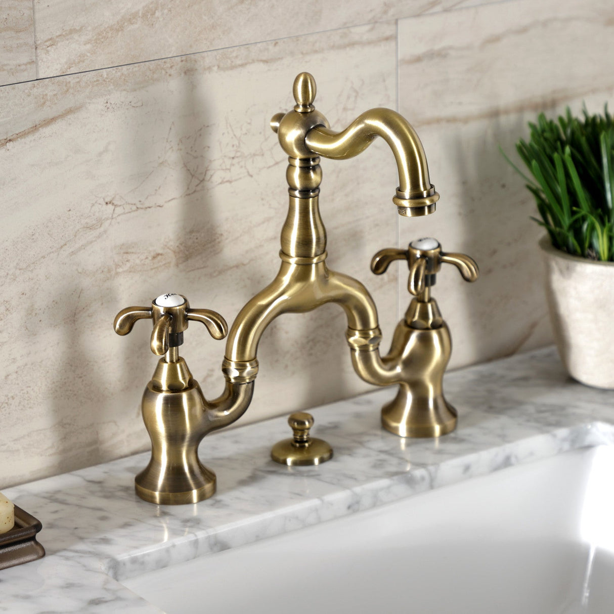 French Country KS7973TX Two-Handle 3-Hole Deck Mount Bridge Bathroom Faucet with Brass Pop-Up, Antique Brass