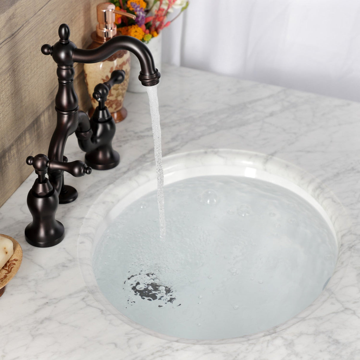 English Country KS7975AL Two-Handle 3-Hole Deck Mount Bridge Bathroom Faucet with Brass Pop-Up, Oil Rubbed Bronze