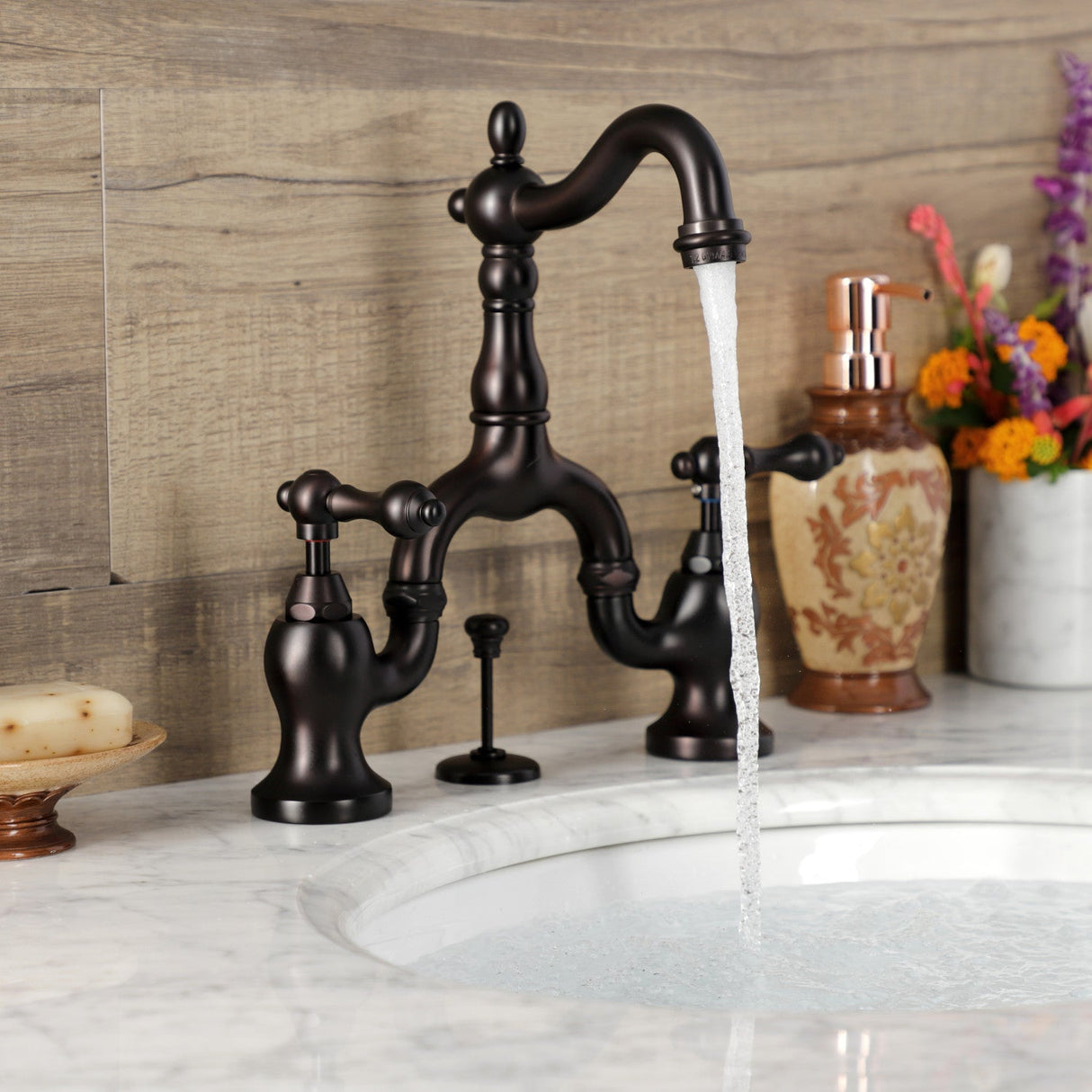 English Country KS7975AL Two-Handle 3-Hole Deck Mount Bridge Bathroom Faucet with Brass Pop-Up, Oil Rubbed Bronze