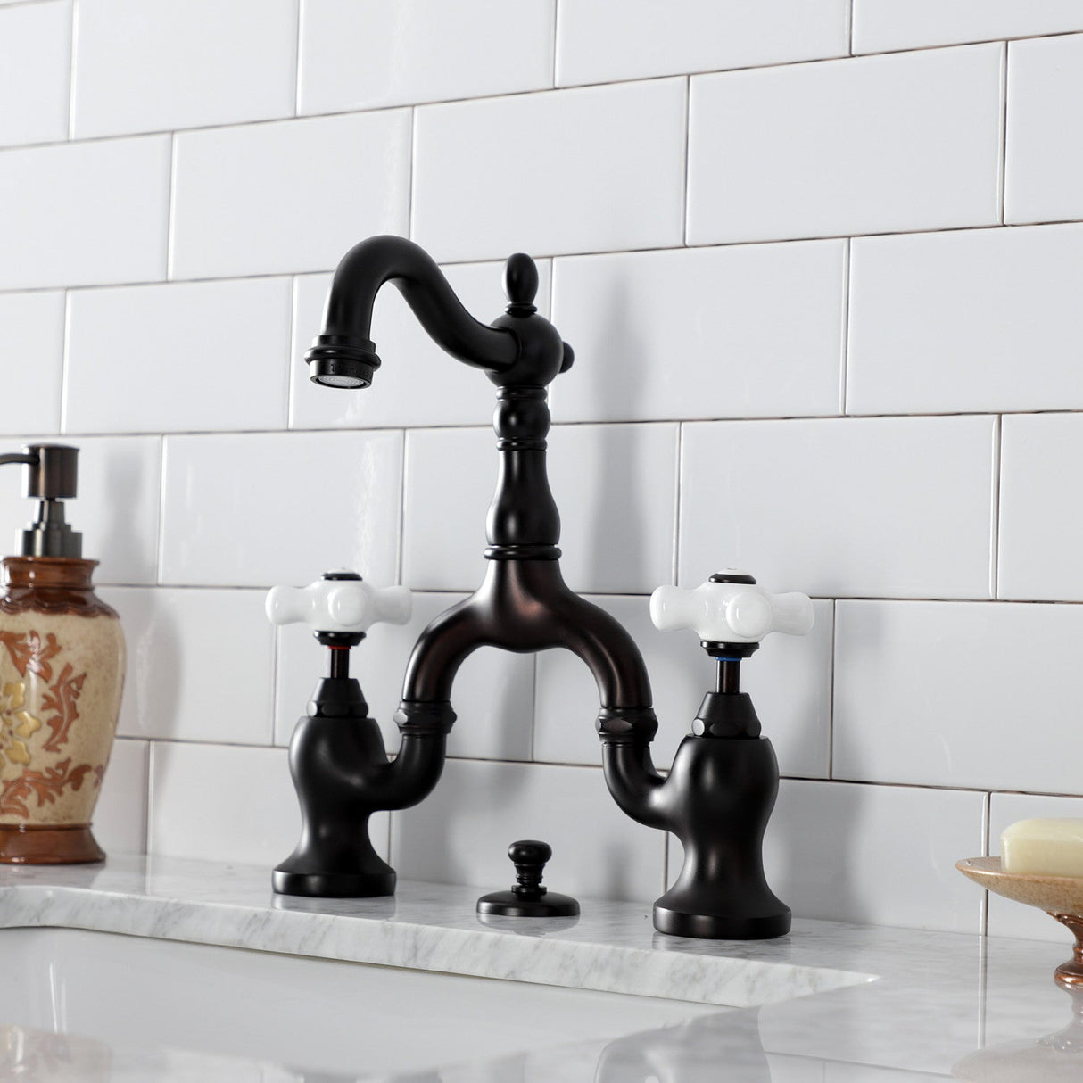 English Country KS7975PX Two-Handle 3-Hole Deck Mount Bridge Bathroom Faucet with Brass Pop-Up, Oil Rubbed Bronze