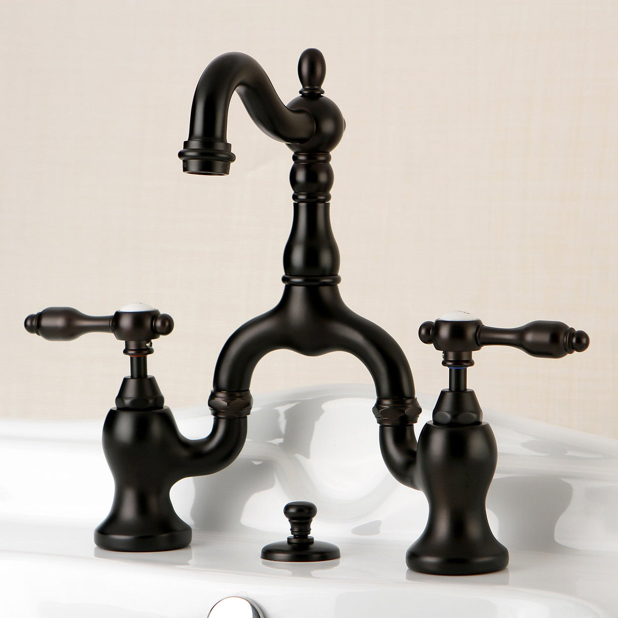 Tudor KS7975TAL Two-Handle 3-Hole Deck Mount Bridge Bathroom Faucet with Brass Pop-Up, Oil Rubbed Bronze