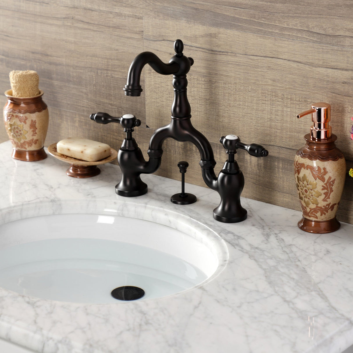 Tudor KS7975TAL Two-Handle 3-Hole Deck Mount Bridge Bathroom Faucet with Brass Pop-Up, Oil Rubbed Bronze