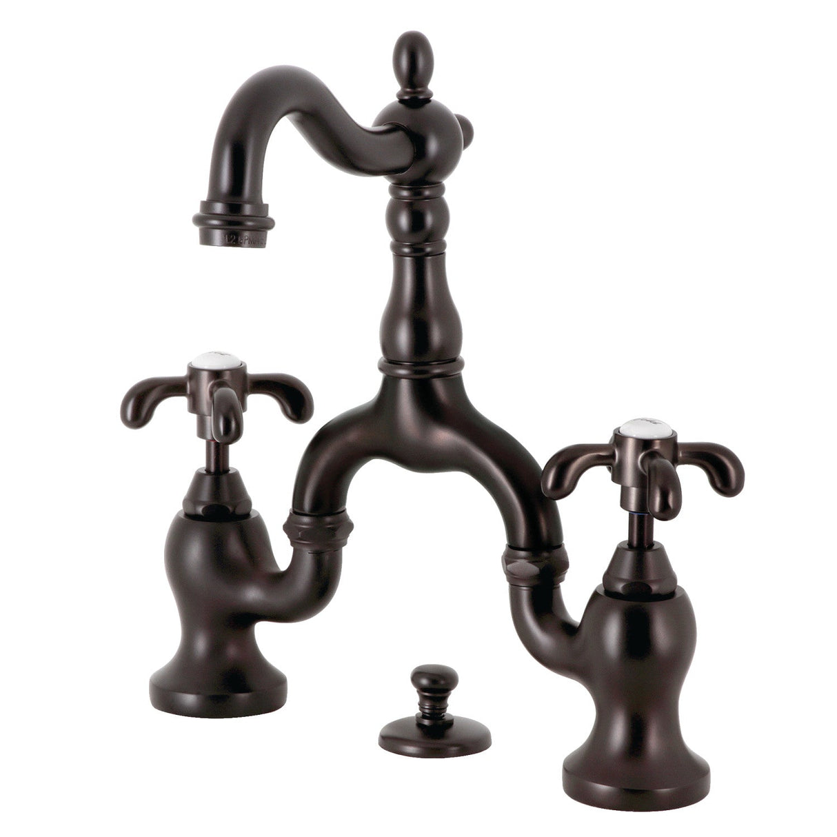 French Country KS7975TX Two-Handle 3-Hole Deck Mount Bridge Bathroom Faucet with Brass Pop-Up, Oil Rubbed Bronze