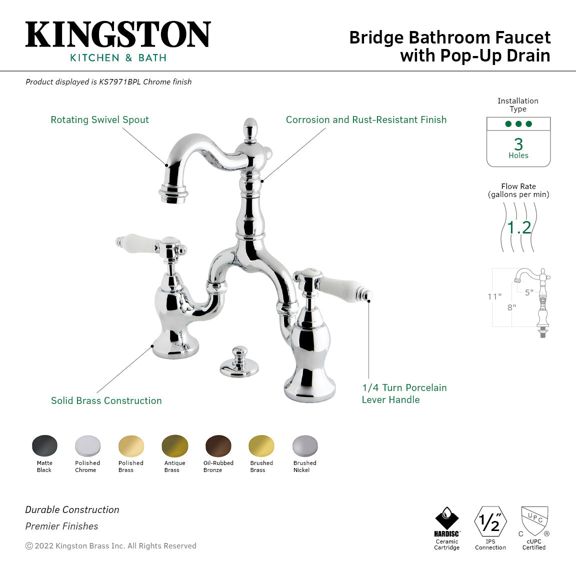 Bel-Air KS7977BPL Two-Handle 3-Hole Deck Mount Bridge Bathroom Faucet with Brass Pop-Up, Brushed Brass