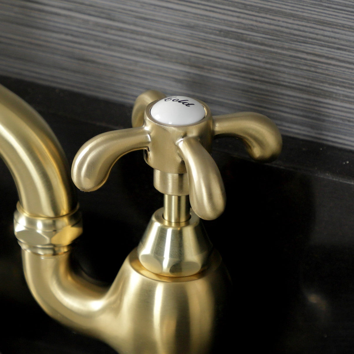 French Country KS7977TX Two-Handle 3-Hole Deck Mount Bridge Bathroom Faucet with Brass Pop-Up, Brushed Brass