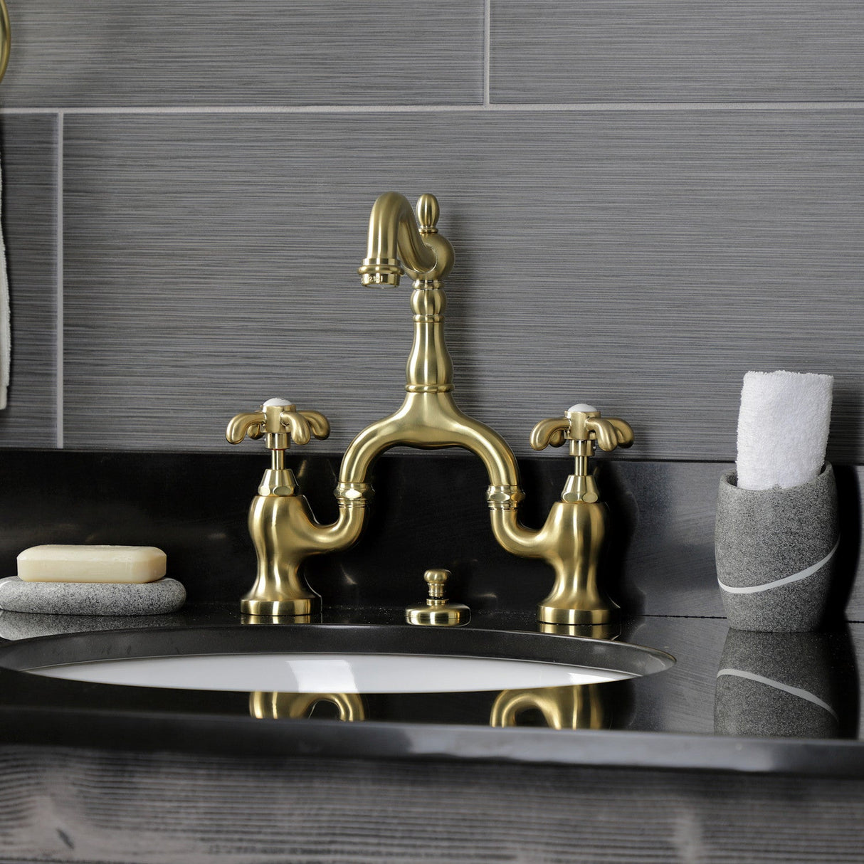 French Country KS7977TX Two-Handle 3-Hole Deck Mount Bridge Bathroom Faucet with Brass Pop-Up, Brushed Brass
