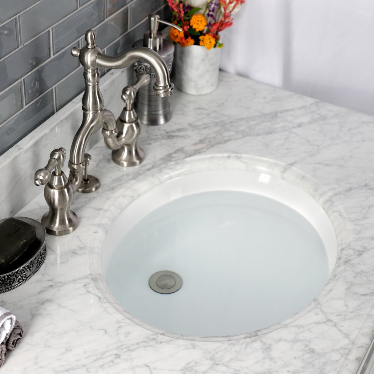 English Country KS7978AL Two-Handle 3-Hole Deck Mount Bridge Bathroom Faucet with Brass Pop-Up, Brushed Nickel