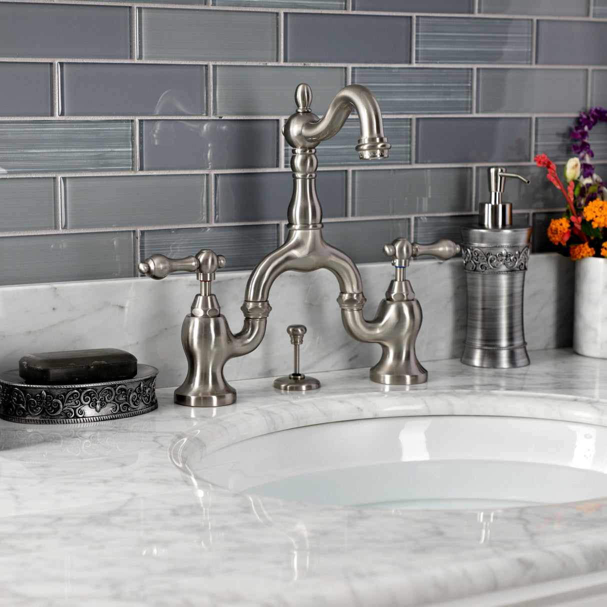 English Country KS7978AL Two-Handle 3-Hole Deck Mount Bridge Bathroom Faucet with Brass Pop-Up, Brushed Nickel