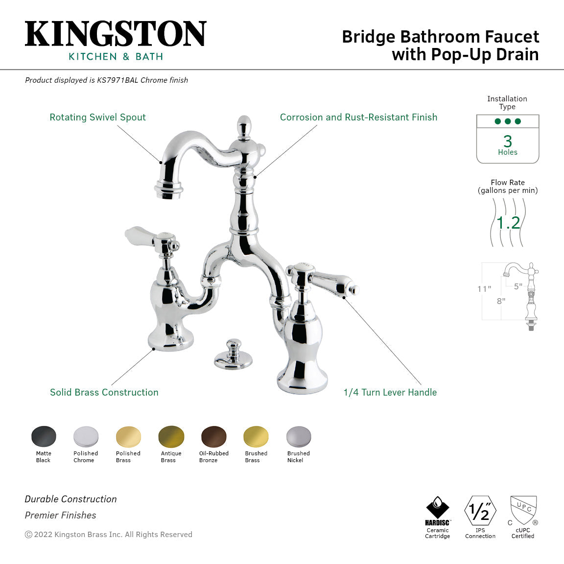 Heirloom KS7978BAL Two-Handle 3-Hole Deck Mount Bridge Bathroom Faucet with Brass Pop-Up, Brushed Nickel